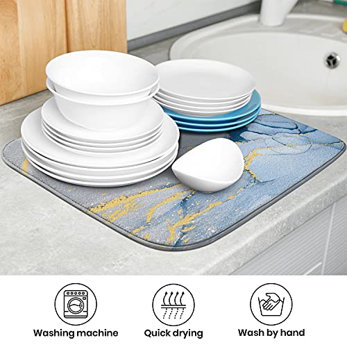 Marble Texture Blue Dish Drying Mat Marbled Print for Kitchen Counter