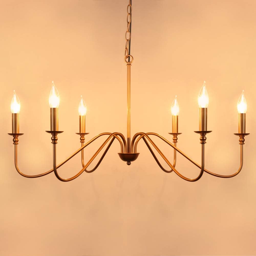 T&A Glod 6-Light Chandeliers, Classic Candle Ceiling Pendant Light Fixture, Wrought Iron Brass Farmhouse Chandelier Kitchen Island Dining Room Living Room - - 