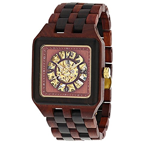 UD Mens Skeleton Manual Movement/Hand Wound Transparent Mechanical Square Red/Black Sandal Wooden Watch