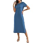 Naggoo Womens Short Sleeve Split Maxi Dress Casual Plain Tie Dye Print Tshirt Long Dresses with Pockets