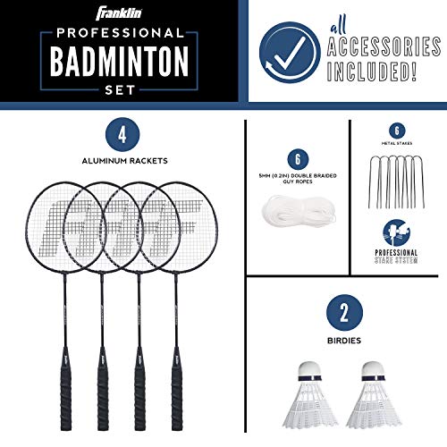 Franklin Sports Badminton Net Set 4 Aluminum Rackets, 2 Birdies, Adjustable Net and Stakes