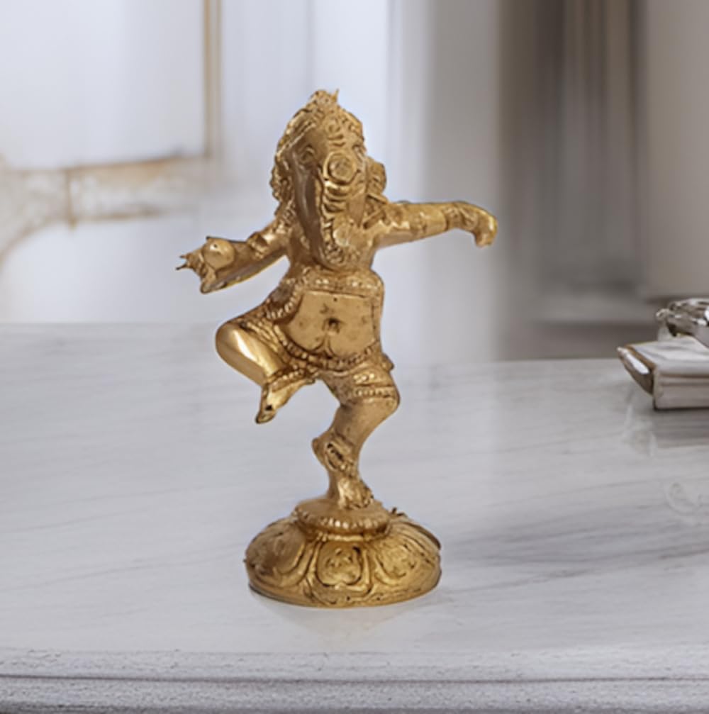 Purpledip Brass Statue: Dancing Ganesha (Ganapathi/Vinayaka) Idol In Unique Posture (11087)