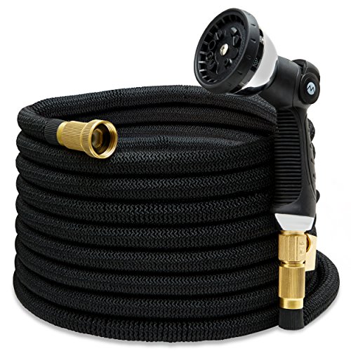 Morvat IMPROVED FOR 2018 Super Heavy-Duty Expandable Garden Hose, Super Strength Fabric 3800D, All Brass. Includes 10-Setting Spray Nozzle, Extra Heavy-Duty Brass Nozzle + Hose Holder + Carry Bag 25FT