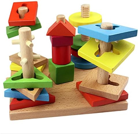 Wooden Stacking Block Toy for Toddlers by KidzZings - 5 Challenging Pegs with 25 Colorful Pieces Including Peg Board