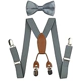 Suspenders Set for Kids, Polyester Material 4 Clips with Bowtie (Gray)