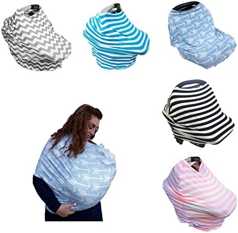 Superior Quality Baby car seat Cover - Nursing - Breastfeeding, it is Breathable - Soft - Stretchy, Multi use: Canopy - Stroller - Shopping cart - high Chair by Baby House Gear (Grey Blue Arrows)