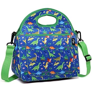 Kasqo Lunch Bag for Kids, Neoprene Insulated Boys Lunch Boxes Children's Lunch Tote with Front Pocket and Detachable Adjustable Shoulder Strap in Cute Dinosaur