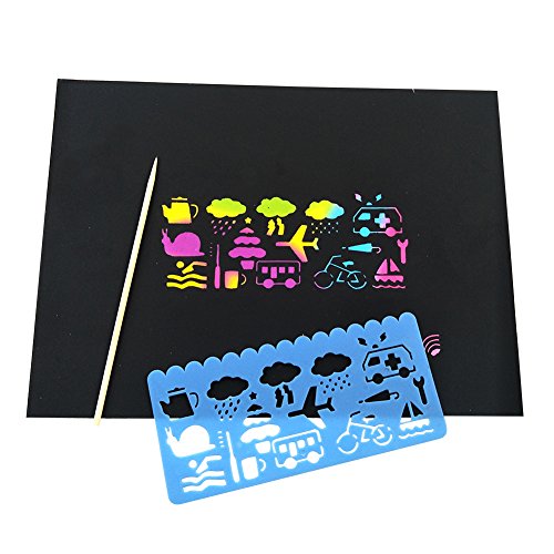image for HANGNUO 50 Pack Rainbow Scratch Art Paper with 5 Bamboo Stylus and 4 C