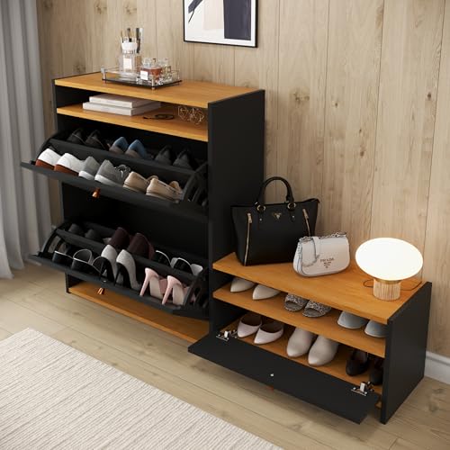 Sapateira Diamante 3 Portas Basculante Puxador Resistente Polipropileno 18 Pares Calçados 2 Nichos Organizador Decoração Moderna Quarto Sala Hall Entrada Closet (Preto/Nature)