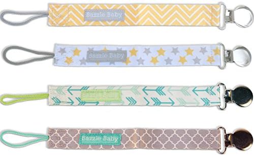 Bazzle Baby Paci Loop, 4 Piece Durable Pacifier Leashes with Secure Snaps to Keep Pacifiers Close &amp; Clean on the Go, Great for Car Seats &amp; Strollers, One Size