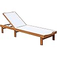 Tangkula Outdoor Wood Chaise Lounge Chair, Patio Chaise Lounger with 5 Position Adjustable Back, Eucalyptus Wood Reclining Lounge Chair with Breathable Fabric for Poolside Lawn Backyard (1, White)