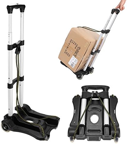 Portable Hand Truck Dolly Foldable Rolling Luggage Cart with Two Ropes, Adjustable Height, Capacity of 80lbs