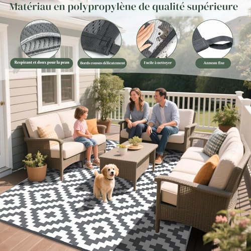 Mokani Rain Resistant Outdoor Rug for Patio, Deck, Beach, Picnic, Backyard (240 x 300 cm, Grey & White)