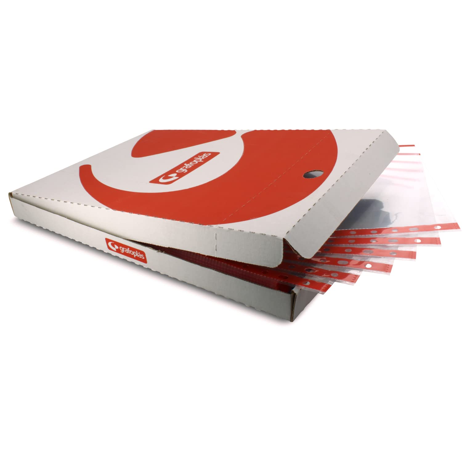 Grafoplás 5511051 Box of 100 Transparent Multi-Drill Pockets, Folio Size, Red, 16 Drills, Polypropylene, Extra Glass, for Ring Binder