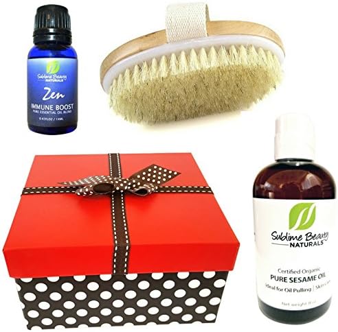 IMMUNE BOOST BOX, Lymphatic Detox from Sublime Naturals. Gift Box with Skin Brush, Organic Sesame Oil for Oil Pulling, and Zen Immune Boost Essential Oil