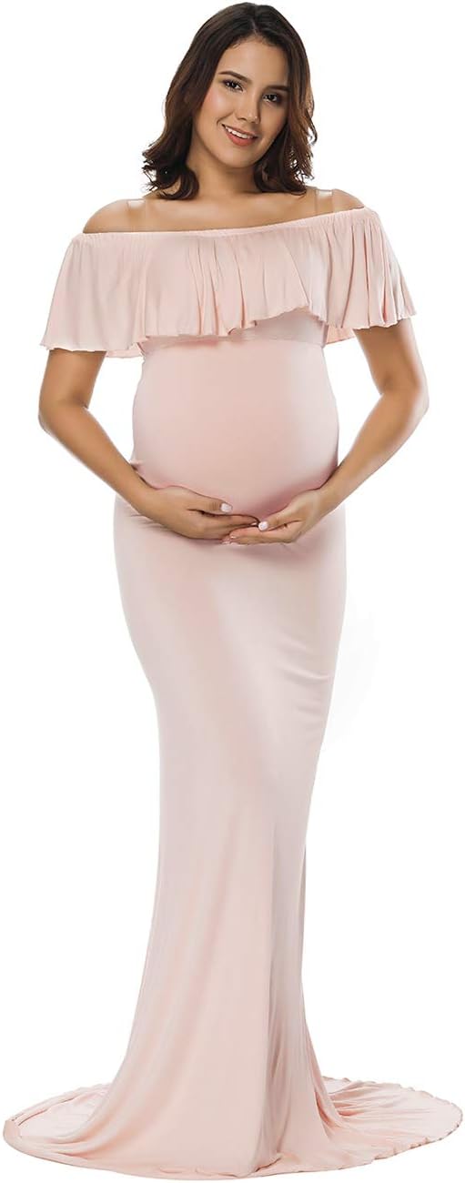 JustVH Women's Off Shoulder Ruffles Elegant Fitted Maternity Gown Slim Fit Maxi Photography Dress for Photo Shoot Dress