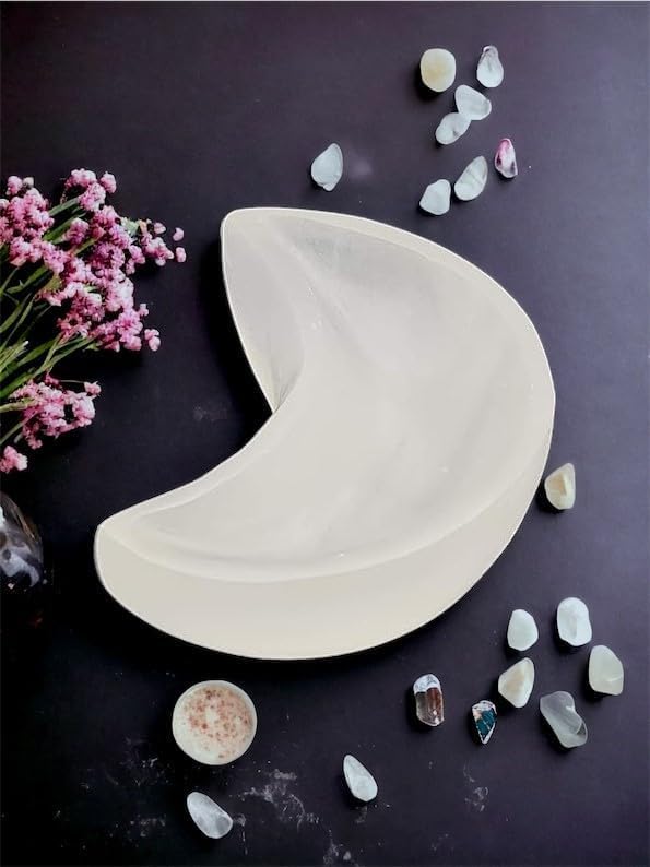 vingardium leviosa Selenite Crystal Charging Bowl Moon Shape Handmade Natural White Ritual Altar Cleansing Tumble Stones Meditation Home Decoration Gift 10cm