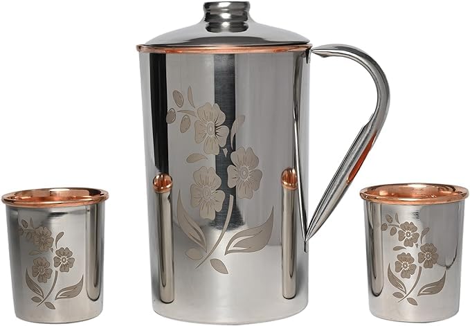 Stainless Steel and Pure Copper Water Pitcher with 2 Matching Tumblers for Ayurveda Health Benefits (57.48 fl. Oz.) (Floral Pattern)