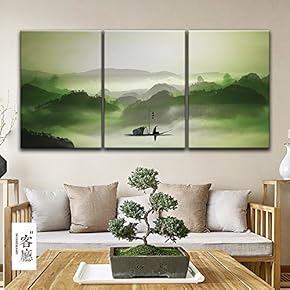 3 Panel Chinese Ink Painting Style Alone Boat...