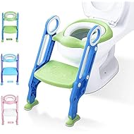 Potty Training Toilet Seat with Step Stool Ladder for Kid and Baby, Adjustable Toddler Toilet Training Seat with Soft Anti-Cold Padded Seat, Safe Handles and Non-Slip Wide Steps, Blue Green for Kids