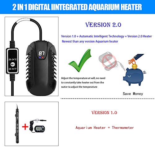 Smart Submersible Aquarium Heater, 200W Mini Fish Tank Heaters with Digital LED Temperature Display& Suction Cup -External Safety Temperature Regulator for 10-50 Gallon Fish/Turtle Tank