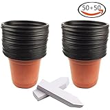 Whonline 50 4" Plastic Flower Seedlings Nursery Pots and 50 White Plant Labels