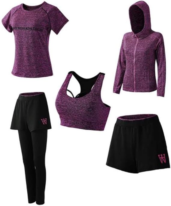 Amazon スポーツウェア レディース ヨガウェア トレーニングウェア ランニングウェア 上下 5点セット3カラー ジム フィットネス L パープル 上下セット 通販