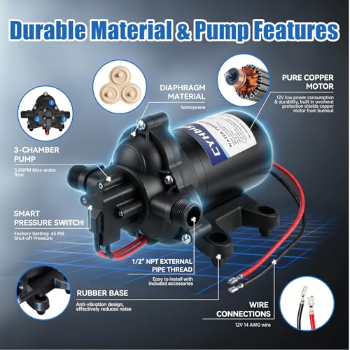 12V DC Self Priming Rv Water Pressure Pump, 3.0GPM 45PSI Quiet Water Diaphragm Pump with Pressure Switch for RV Marine Camping Yacht Boat Trailer Caravan