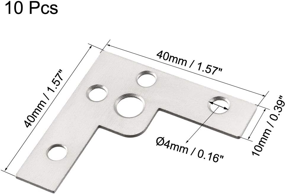 sourcing map Flat Angle Bracket Plate L Shape Repair Joining Support Brace, 40mmx40mm Silver Tone, 10Pcs - Image 3