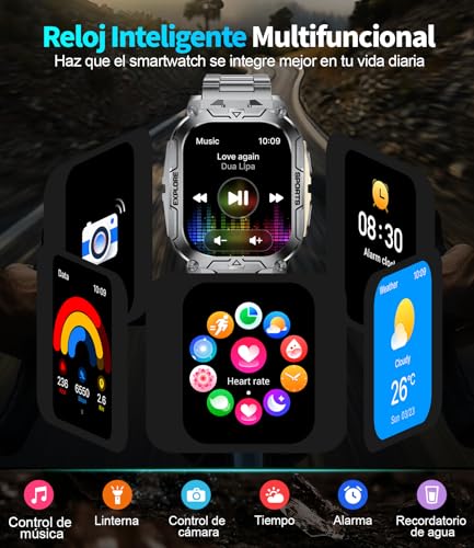 Reloj inteligente militar para hombre con batería de 1000 mAh/función de teléfono, pantalla grande de 2,01 pulgadas, reloj de fitness con frecuencia cardíaca/monitor de sueño/200+ modos deportivos