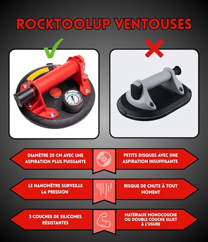 RockToolUp 2 Tile Suction Cups 200 mm with Pressure Gauge – Capacity up to 400 kg Professional Glass Suction Cup, Powerful Tool for Tiles, Windshield, Furniture, Moving – Kit & Case Included