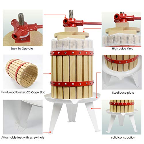 1.6 Gallon Fruit Wine Press - 100% Nature/Healthy Apple&Grape&Berries Crusher Manual Juice Maker for Kitchen, Solid Wood Basket with 2 Blocks Cider Wine Making Press (LFGB Certified,Heavy Duty)