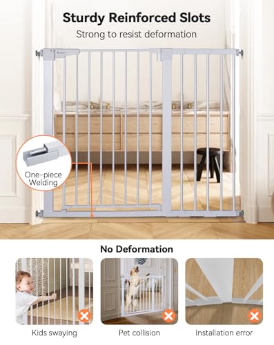 COMOMY Dog Gate 36" Extra Tall, 75-117cm Large Width Baby Safety Gate Automatic Closing, Durable Child Safety Barrier for Stairs, Pressure Mounted, White