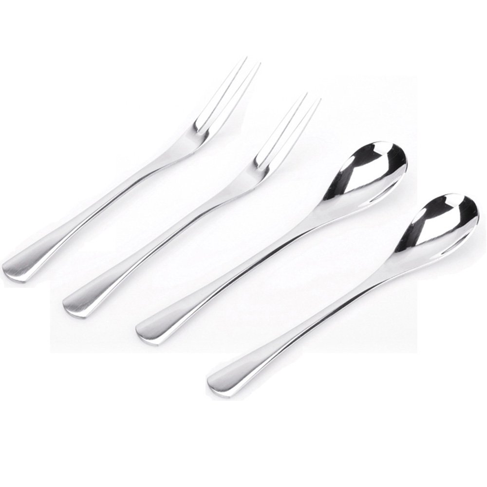 VANRA 5in 4-Piece Flatware Set Silver Stainless Steel 2 Forks and 2 Spoons Set Salad Forks Teaspoon Cocktail Fork Coffee Spoon Serving Spoon Appetizer Fork