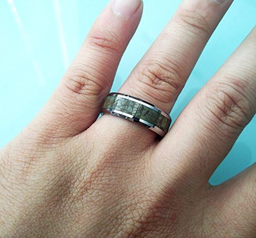 Mens Light Green &amp; Gray Agate Dinosaur Bone Inlay Tungsten Wedding Ring - 8mm - Lifetime Sizing Warranty