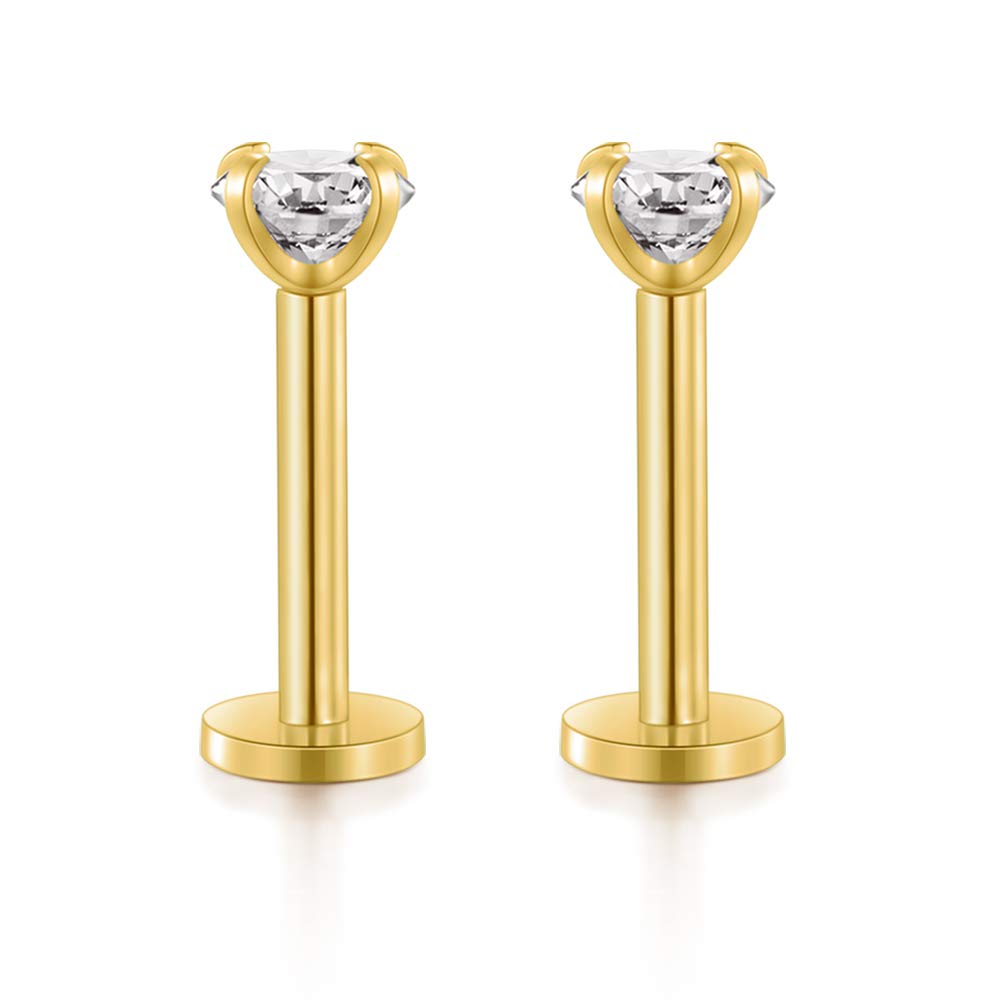 VCMART 2pcs 316L Surgical Steel Cz Labret Lip Bar Chin Lip Rings Piercing 16G 5/16" 8mm Pin(Gold)