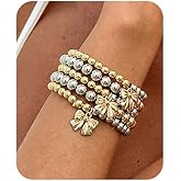 Gold Bow Bracelet for Women 5PCS Stackable Bow Bracelet Set Adjustable Boho Ball Bow Bracelet Gold and Silver Stretch Bead Bracelets Non Tarnish Trendy Elegant Bow Bracelets Dainty Jewelry Christmas Gifts for Her