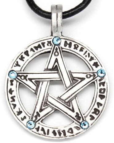 Pewter Pentagram with Runes Pendant on Leather w/5 Swarovski Crystals for Birthday