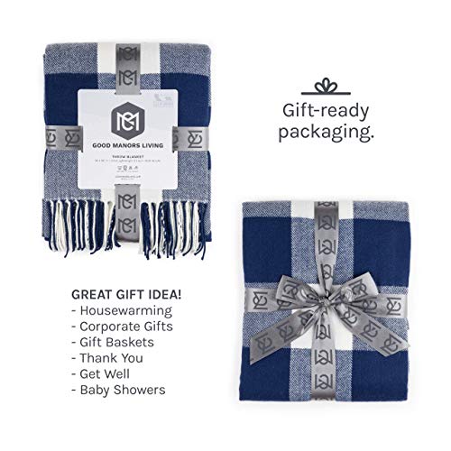BUFFALO PLAID THROW BLANKET FOR COUCH – FARMHOUSE THROW WITH CHECK PATTERN – SOFT WOVEN WITH DECORATIVE FRINGE – LIGHTWEIGHT FOR BED, SOFA, CHAIR, OFFICE, OUTDOOR – 50 X 60 IN. (NAVY BLUE)