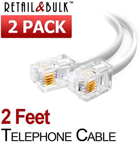 (2 Pack) 2 Feet Telephone Cord, Professional Grade Made in USA, 6P4C Male RJ11 Plugs with 50 Micron Gold Contacts, Pure Copper Wire Phone Line Cable (24 Inches, White)