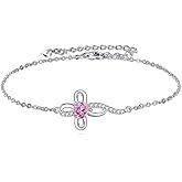 LELOUCHY Heart Birthstone Cross Link Bracelet 925 Sterling Silver Infinity Cross Birthstone Charn Bracelet with 6.5+2 Inch Chain for Women