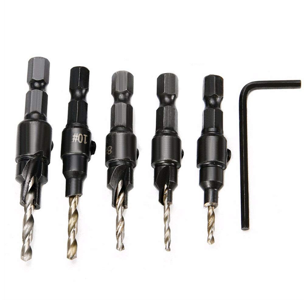 Countersink Drill Bit 5PCS 1/4" Hex Shank Countersink Set Quick Change Wood Drill Bit Set for Woodworking with 1PC Small Hex Wrench