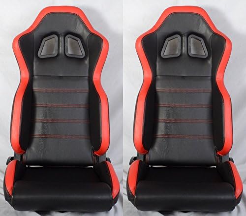 1 PAIR R Type Faux Leather Sport Reclinable Racing Seats With Sliders (Black with Red)