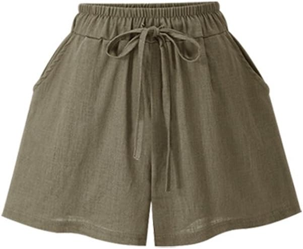 Women's Elastic Waist Cotton Linen A Line Wide Leg Summer Hot Shorts with Drawstring