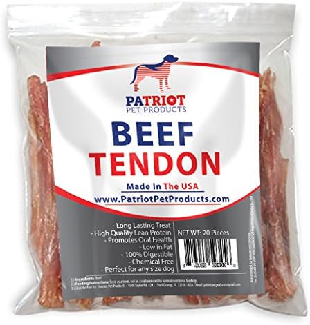 Beef Tendons for Dogs Made in USA by Patriot Pet. USDA FDA approved Thick Beef Tendons Dog Treats are Natural Dog Chews. Dog Beef Tendon 20 Pack Perfect for Puppies of any Size and Breed.