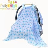 Baby Car Seat Covers To Protect From Bugs & Dust. XL Soft Muslin Cotton Canopy For Boys Blue.