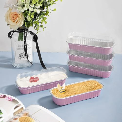 Moldes para pasteles con tapa, 100 mini moldes para pan de aluminio, 100 cucharas de postre con tapa, reutilizables, 6.8 oz, 200 ml, horneables, aptos para pasteles, brownies (rosa)