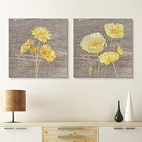 2 Panel Square Canvas Wall Art - Yellow Floral Wood Effect Canvas Set - Giclee Print Gallery Wrap Modern Home Art Ready to Hang - 12"x12" x 2 Panels
