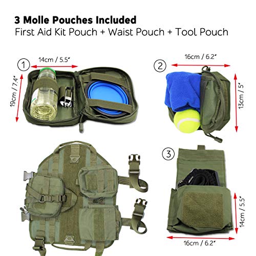 EJG Tactical Dog Molle Harness, with 3 Detachable Pouches & Velcro Area, No Pulling Design, Comfy Mesh Padding, Service Dog, Military Training, Hunting, Vest for Medium & Large Dog - Thumbnail 3
