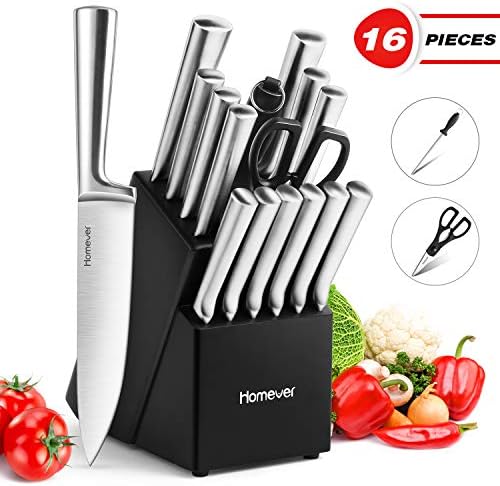 HOMEVER Couteau de Cuisines, 16 Pièces Set Couteaux de Cuisine en Acier Inoxydable avec Bloc en Bois, Ensemble de Couteaux, Couteaux de Chef avec Porte, Bloc de Couteaux pour la Cuisine